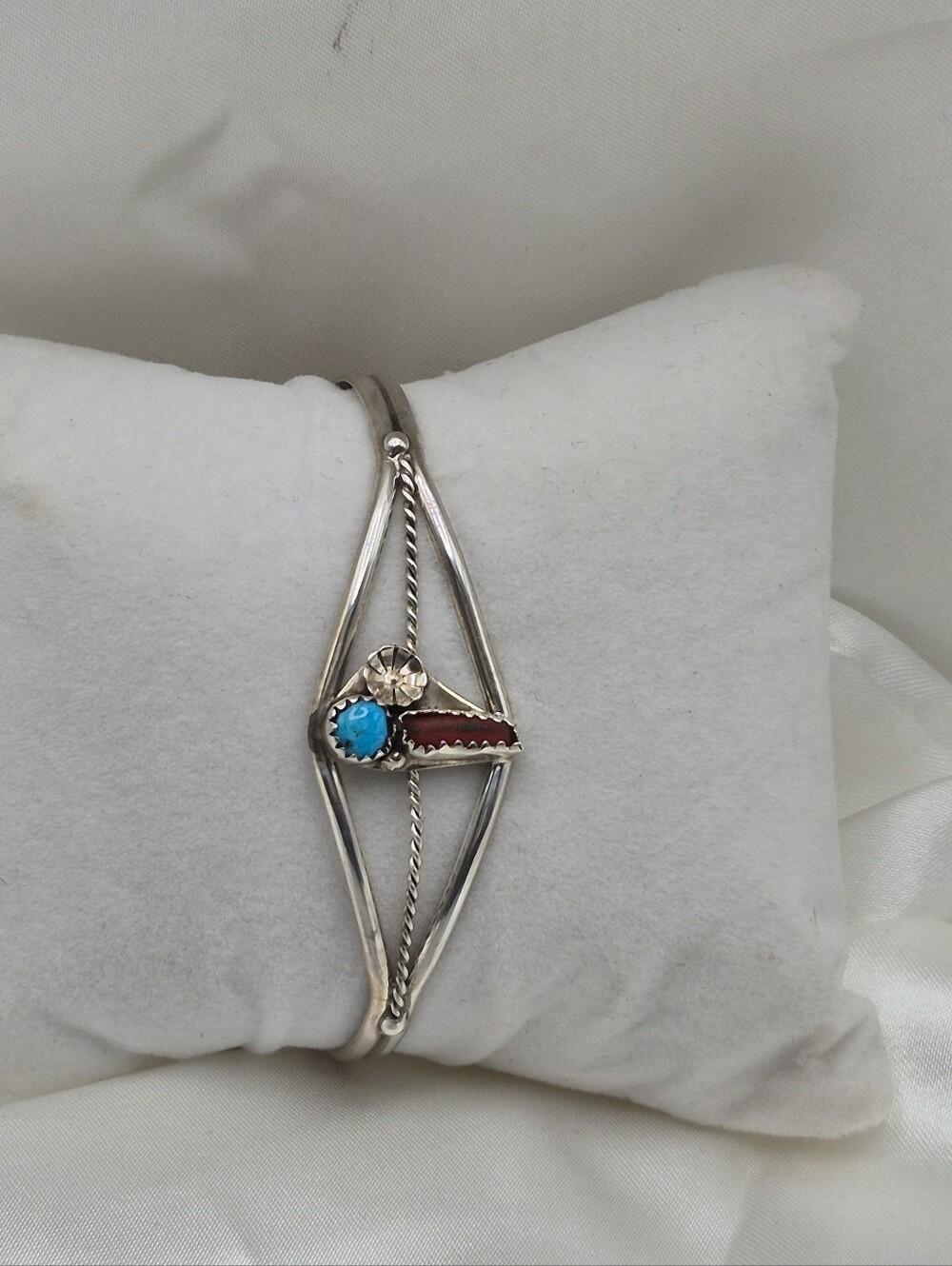 #2B Navajo Native American Turquoise & Coral Sterling Silver Cuff Bracelet - Picture 2 of 5
